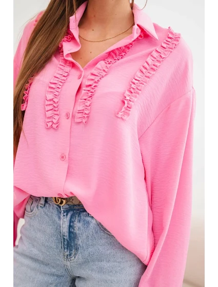 Dámská viskózová košile s dlouhým rukávem a volány světle růžová