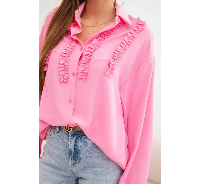 Dámská viskózová košile s dlouhým rukávem a volány světle růžová