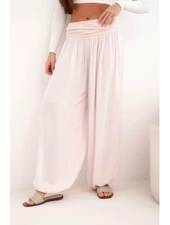 Dámské viskózové kalhoty s širokými nohavicemi a volánky béžový