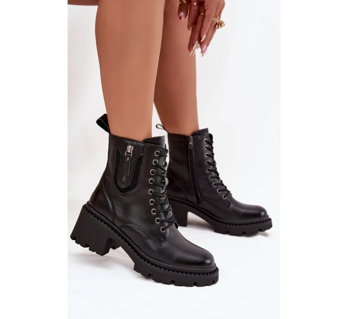 Skórzane Botki Damskie Na Klocku Ocieplane Vinceza 86418 Czarne