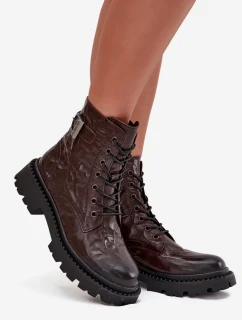 Dámske kožené čižmy Artiker - hnedé, so stláčacím efektom a prackou