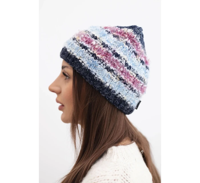 Dámska zimná čiapka s farebným vláknom a elastickou šnúrkou K352 modrá+tmavo ružová