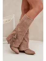 Dámske kovbojské čižmy Zalia s strapcami na podpätku - béžové Dámske kovbojské čižmy Zalia s strapcami na podpätku - béžové