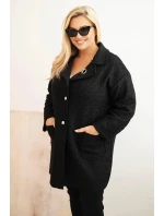 Dámský kabát Plus Size beránek s vlnou a kapsami černý