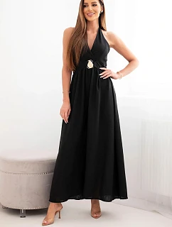 Dámské viskózové maxi šaty vázané na krku s ozdobnou sponou černá