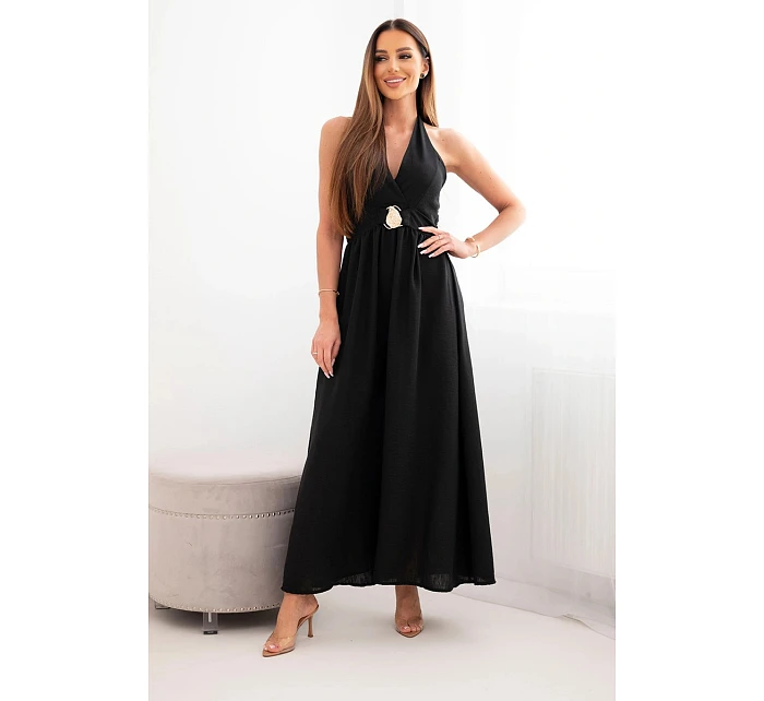 Dámske viskózové maxi šaty viazané za krkom s ozdobnou prackou čierne Dámske viskózové maxi šaty viazané za krkom s ozdobnou prackou čierne