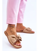 Damskie Skórzane Klapki Z Kokardą Beżowe Becky Damskie Skórzane Klapki Z Kokardą Beżowe Becky