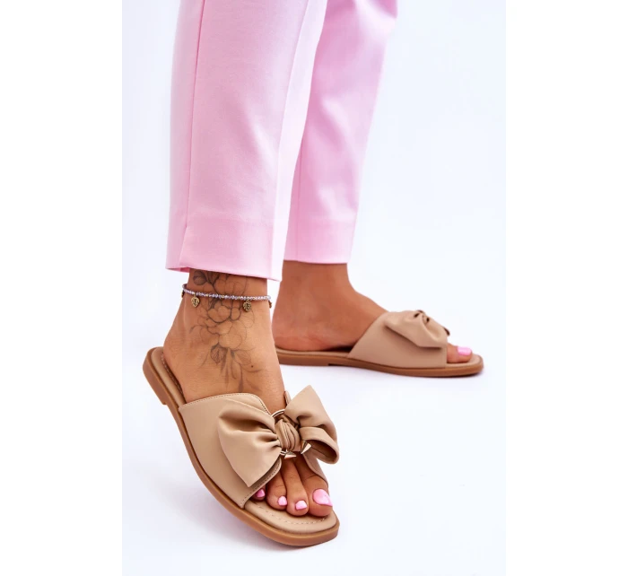 Damskie Skórzane Klapki Z Kokardą Beżowe Becky Damskie Skórzane Klapki Z Kokardą Beżowe Becky