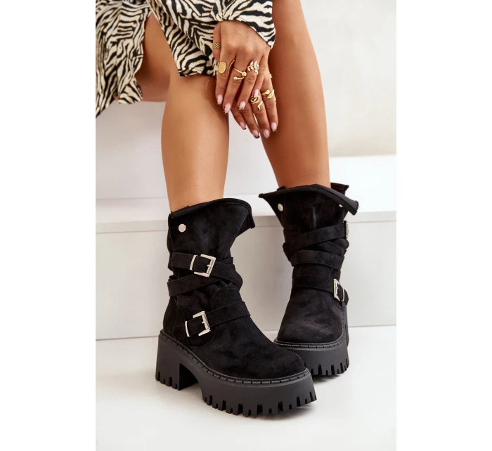 Botki Damskie Na Masywnym Obcasie Z Klamrami I Paskiem Czarne Nerelisa Botki Damskie Na Masywnym Obcasie Z Klamrami I Paskiem Czarne Nerelisa