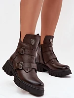 Skórzane Ocieplane Botki Damskie Z Klamrami I Ozdobnym Detalem Zazoo 60482 Czekoladowe