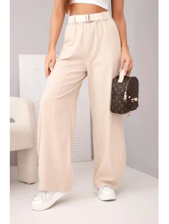 Dámske bavlnené nohavice so širokými nohavicami a opaskom béžovej farby