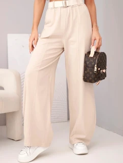 Dámské bavlněné kalhoty se širokou nohavicí a páskem béžové