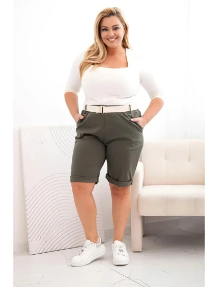 Dámské bavlněné šortky Plus Size s páskem khaki