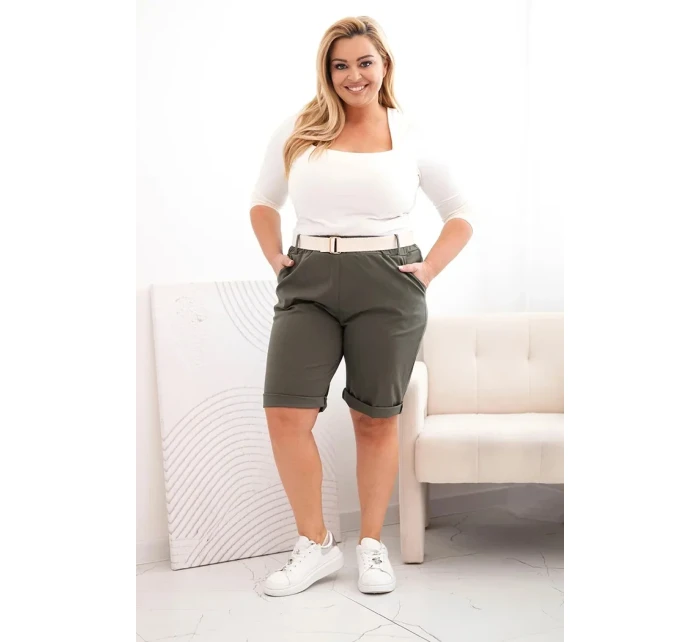 Dámské bavlněné šortky Plus Size s páskem khaki