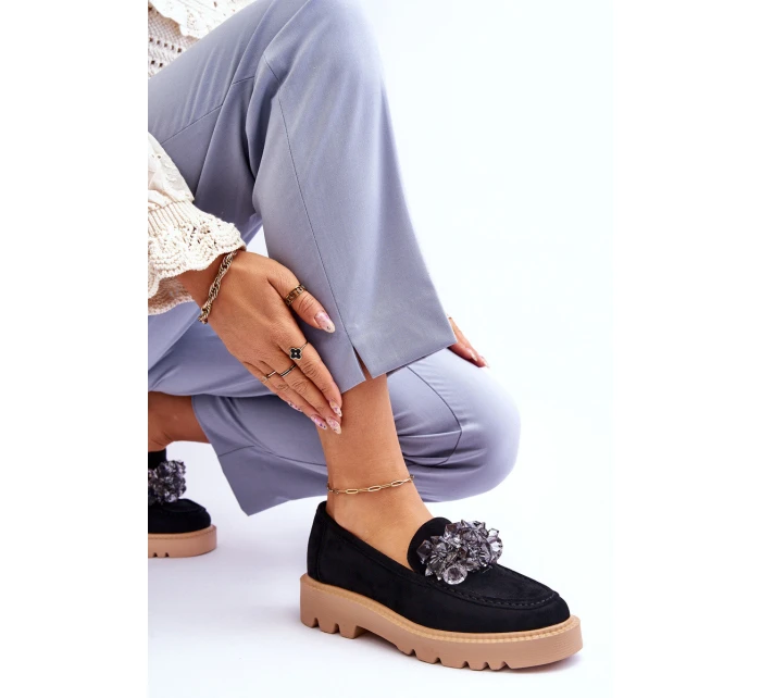 Módní semišové mokasíny s krystaly Černé model 21615397 - VINCEZA