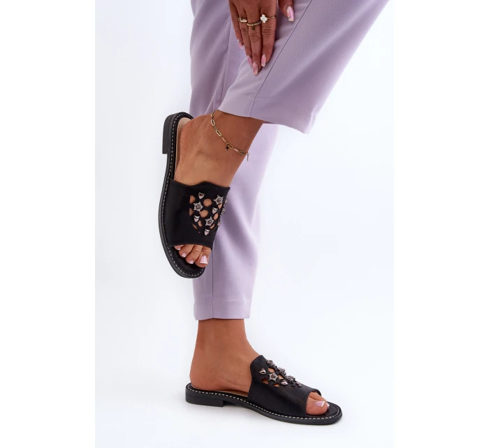 Błyszczące Klapki Damskie Z Ozdobami S.Barski KV27-063 Czarne