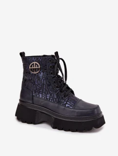 Dámske kožené topánky na platforme Artiker - tmavomodré