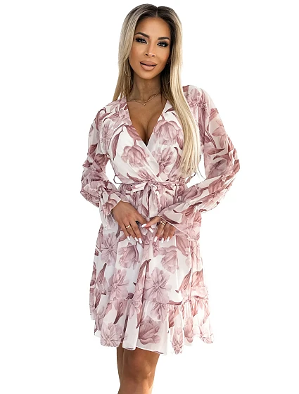 Dámské šifonové šaty s výstřihem, páskem a se vzorem květů model 22304042 - numoco basic Dámské šifonové šaty s výstřihem, páskem a se vzorem květů model 22304042 - numoco basic
