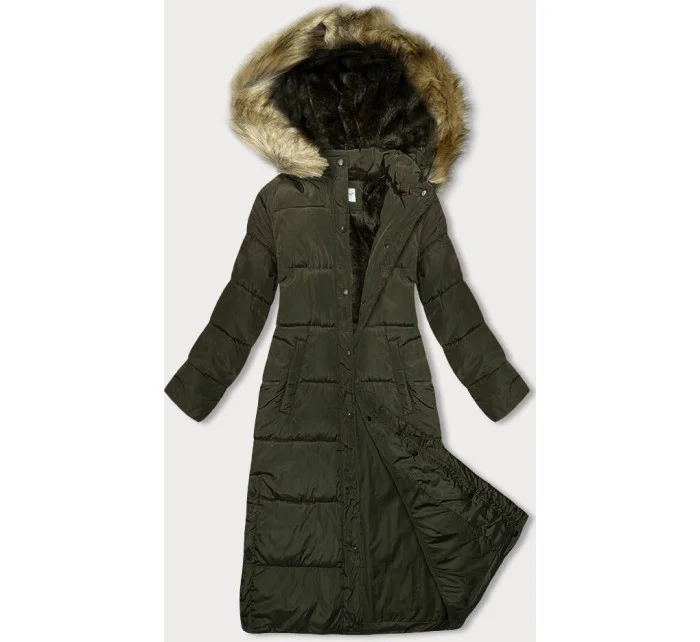 Dlhá dámska zimná bunda v khaki farbe (V725)
