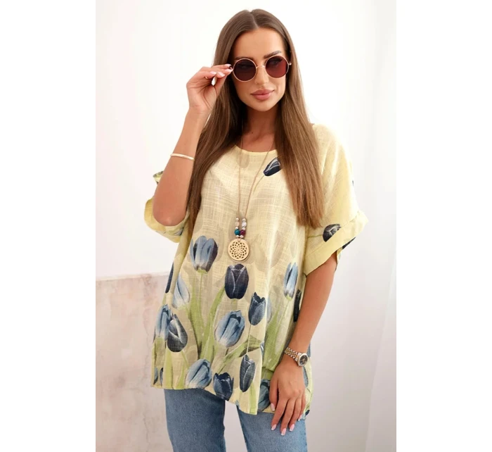 Dámske bavlnené tričko s kvetinovým vzorom žlté Dámske bavlnené tričko s kvetinovým vzorom žlté