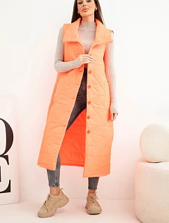 Dámska prešívaná dlhá vesta s vreckami a stojacím golierom neónovo oranžová