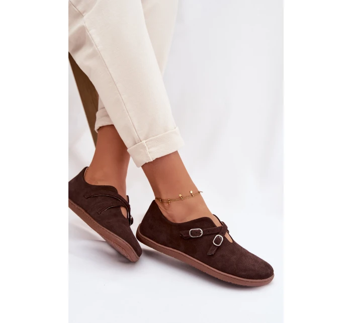 Kožené semišové dámské polobotky s pásky model 21937586 čokoládové - Zazoo