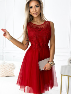 CATERINA - Veľmi ženské červené šaty s reliéfnou výšivkou a jemným tylom 522-3