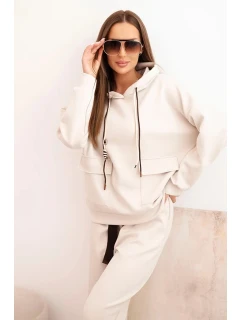 Dámska súprava maslová mikina s kapucňou a nohavice s opaskom béžová