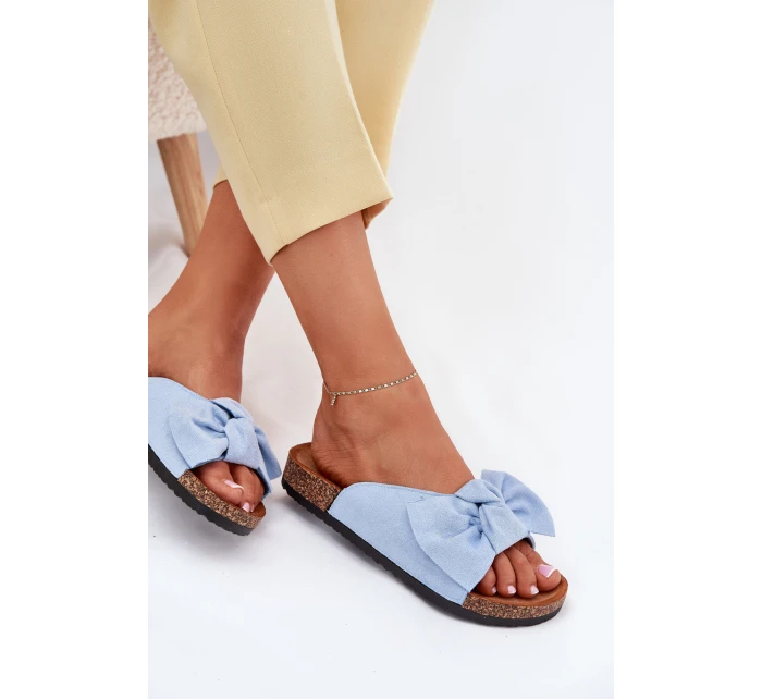Klapki Damskie Na Korkowej Podeszwie Kokardką Niebieskie Seressa Klapki Damskie Na Korkowej Podeszwie Kokardką Niebieskie Seressa