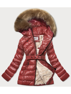 Lesklá zimná bunda vo vínovej bordovej farbe s machovitou kožušinou (W674)