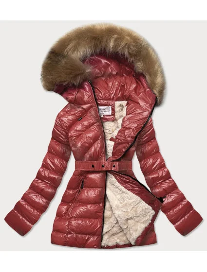 Lesklá zimná bunda v bordovej farbe bordová s mechovou kožušinovou podšívkou (w674)