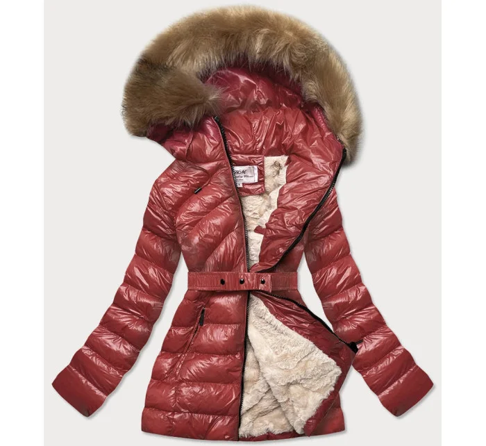 Lesklá zimná bunda v bordovej farbe bordová s mechovou kožušinovou podšívkou (w674)
