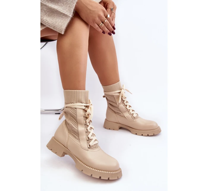 Dámské kozačky se šněrováním a světle béžové model 21642187 - Boto