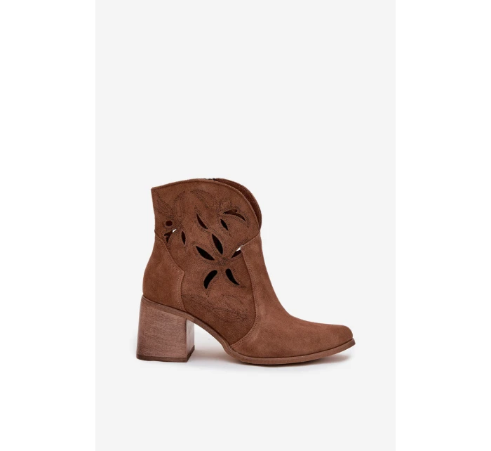 Botki Damskie Ażurowe Z Naturalnego Zamszu Na Słupku Zazoo 3690 Brązowe