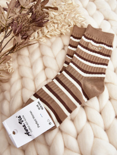 Dámske hnedé pruhované ponožky s medvedíkom
