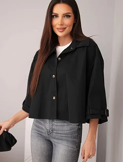 Dámska jarná bavlnená bunda s golierom na gombíky čierna