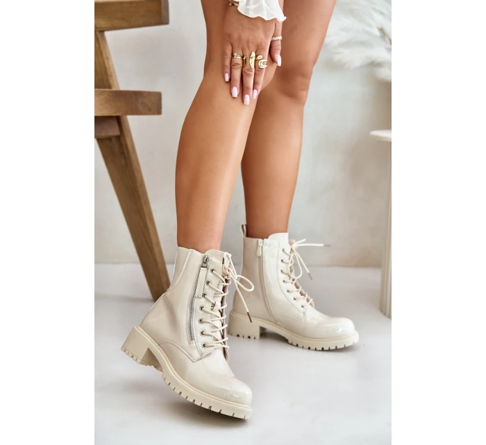 Lakierowane Botki Workery Na Zamek Ocieplane Beżowe Ravanthia