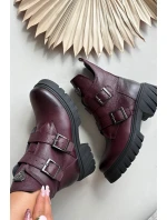 Skórzane Ocieplane Botki Damskie Z Klamrami I Ozdobnym Detalem Zazoo 60482 Bordowe