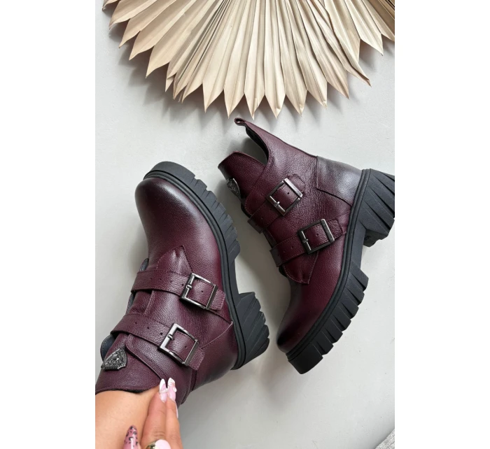 Skórzane Ocieplane Botki Damskie Z Klamrami I Ozdobnym Detalem Zazoo 60482 Bordowe