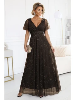 635-4 MELANIA dlhé lesklé šaty s výstrihom a krátkymi rukávmi - čokoládové