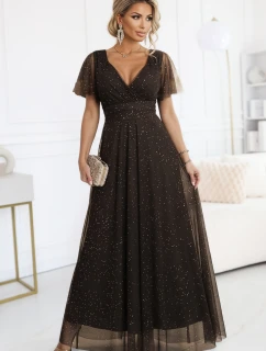 635-4 MELANIA dlhé lesklé šaty s výstrihom a krátkymi rukávmi - čokoládové