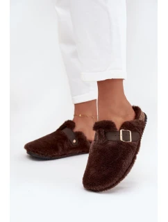 Futrzane Klapki Damskie Na Platformie Z Paskiem I Klamrą Brązowe Noraline