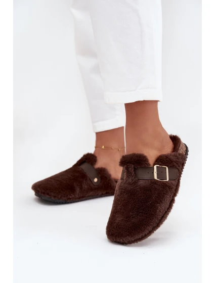 Futrzane Klapki Damskie Na Platformie Z Paskiem I Klamrą Brązowe Noraline