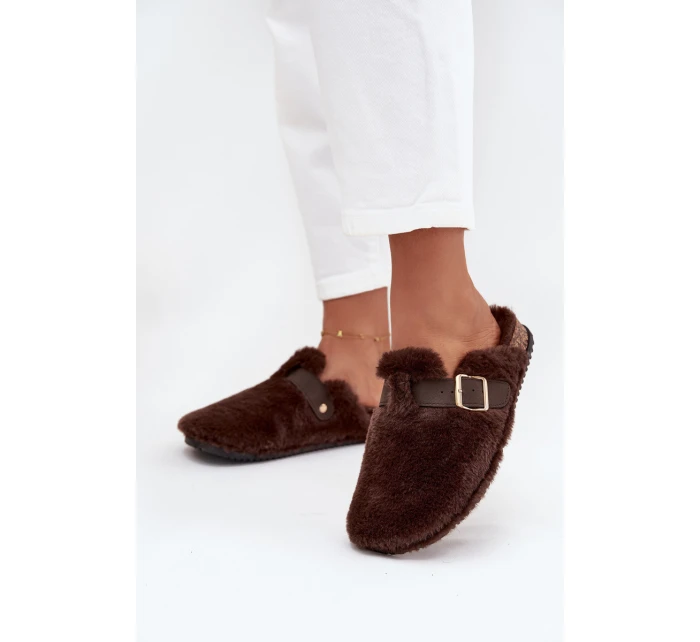 Futrzane Klapki Damskie Na Platformie Z Paskiem I Klamrą Brązowe Noraline