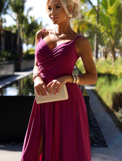 CHIARA - Elegantní dlouhé dámské maxi šaty ve fuchsijové barvě s brokátem na ramínkách 299-19