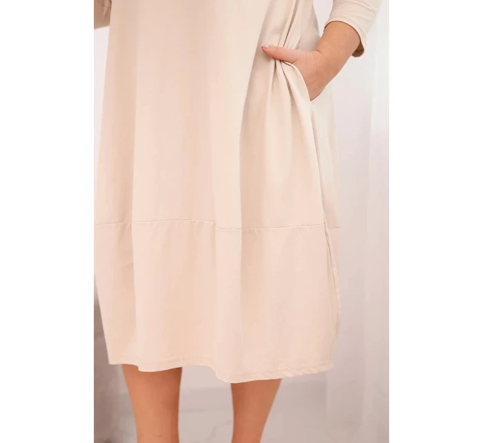 Dámská bavlněná šaty Plus Size s ohrnovacími rukávy a kapsami béžová