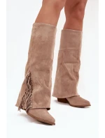 Dámske kovbojské čižmy Zalia s strapcami na podpätku - béžové Dámske kovbojské čižmy Zalia s strapcami na podpätku - béžové