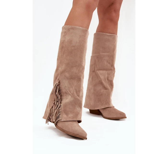 Dámske kovbojské čižmy Zalia s strapcami na podpätku - béžové Dámske kovbojské čižmy Zalia s strapcami na podpätku - béžové