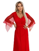 655-5 Dlhé svetlé trblietavé šaty s výstrihom a priehľadnými rukávmi - červené 655-5 Dlhé svetlé trblietavé šaty s výstrihom a priehľadnými rukávmi - červené