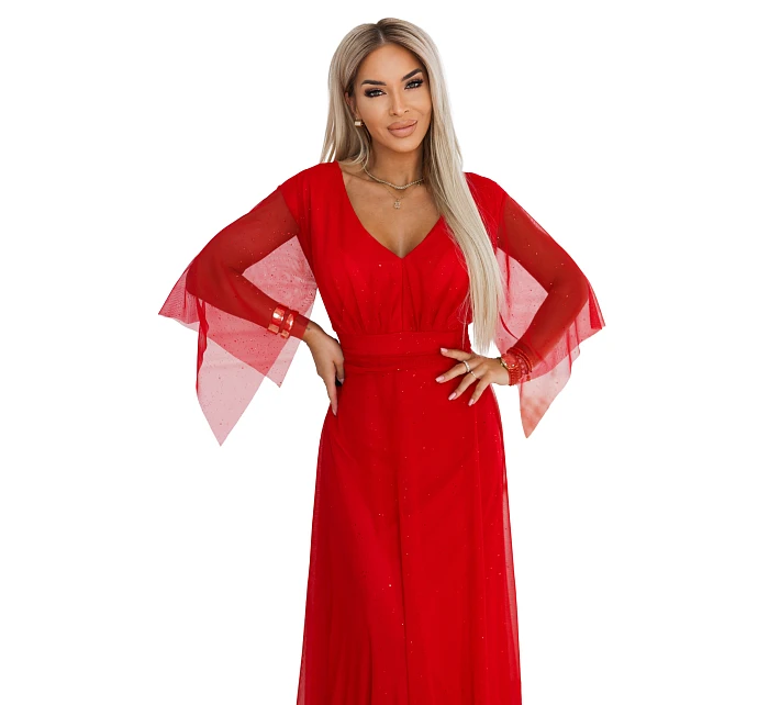 655-5 Dlhé svetlé trblietavé šaty s výstrihom a priehľadnými rukávmi - červené 655-5 Dlhé svetlé trblietavé šaty s výstrihom a priehľadnými rukávmi - červené